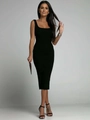 Close-up of the ribbed knit fabric texture and slim fit of this black sleeveless dress - S / Black