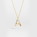 Detail of gold letter A pendant with colorful gemstones on a delicate chain necklace - Gold Letter A