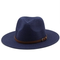 Detailed texture of dark blue straw fedora hat featuring a brown leather decorative band - M (56-58cm) / Navy Blue