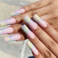 Franse regenboog tie-dye nepnagels in lange kistvorm met macaron kleurovergang - Lijmstijl Lange Regenboog Franse Coffin Nagels (SGSY-105)