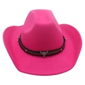 Hot pink felt cowboy hat with silver bull skull emblem and studded leather band - One Size / Rose Red