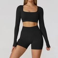 Women's black seamless yoga set with square neck long sleeve top and high waist shorts - S / Long Sleeve + Shorts / Premium Black