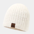 Detail of white ribbed knit beanie with brown leather snowflake patch and soft texture - One Size / White