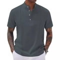 Donkergrijs heren Henley-shirt met korte mouwen, verticale plooien en een knoopsluiting - S / Grijs