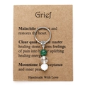 Handmade stone keychain with malachite, clear quartz, and moonstone on a kraft card - Grief Relief (3615)
