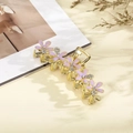 Elegant gold metal hair claw clip with purple flowers and sparkling white rhinestones - Rhinestone Purple