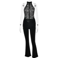 Sexy black lace halter jumpsuit with ruched waist and slim fit flare pants for women - M / Black