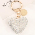 Sparkling heart rhinestone keychain with gold finish metal hardware for women - White
