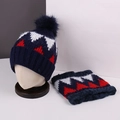 Winter plush knit hat and neck warmer set with navy geometric patterns and pom pom - No.15-Dark Blue Geometric Mountain Knit Set