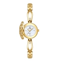 Elegant gold bangle watch with diamond-encrusted camellia cover and pearl dial - Gold