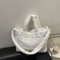 White quilted puffer cloud tote bag with puffy shoulder strap for women winter style - White
