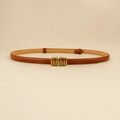 Slim brown leather belt for women with elegant golden metal buckle and stitching detail - Metal Bar Buckle (19244) / Camel