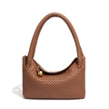 Caramel woven leather hobo bag with gold ball charm and artisan braided design - Brown