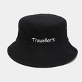 Detail of embroidered Traveller's text on black washed cotton foldable bucket hat - M (56-58cm) / Black