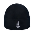 Black knit beanie with white skull hand peace gesture embroidery in streetwear style - V-Gesture Skull Embroidery / Black