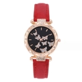 Fashionable red leather strap watch for women with sparkling butterfly dial and rose gold case - Red