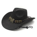 Classic black suede western cowboy hat with a metal butterfly charm and chin strap - Black