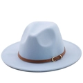 Classic light blue wool fedora hat with a brown leather belt and golden metal buckle - Sky Blue