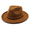 Detail of caramel wool fedora hat featuring a dual-tone band and gold logo emblem - M (56-58cm) / Caramel