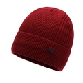 Men's winter knit beanie hat in burgundy featuring ribbed texture and leather logo tag - Red