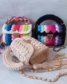 Detail of handmade crochet bags with thick fabric yarn, metal twist locks and chain straps - Beige