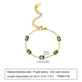 Macro detail of gold-plated stainless steel bracelet with green zircon and 18K hallmark - Gold 5 Rectangle Emerald Green Zirconia Bracelet (BR-1197GG)