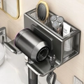 Wall-mounted gunmetal hairdryer holder with storage basket and plug hook - Hair Dryer Rack with Storage Pad / Gunmetal