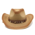Detail of woven straw cowboy hat featuring colorful ethnic band and bronze coin charms - M (56-58cm) / Light Brown Bohemian Style (6)