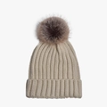 Light beige knitted beanie for women featuring a large brown faux fur pom pom - Adult Size (56-60cm) / Khaki