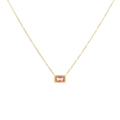 Detail showing vintage gold necklace with pink rectangular gemstone and milgrain border - Pink