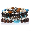 Close-up of multilayered handmade beaded bracelets with wood, stone, and floral charms - Silver Flower Blue Bead Style (62)