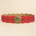 Ceinture femme en cuir rouge ornée de turquoises, rivets et boucle ronde gravée - Bronze Rouge