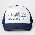 Close-up of Summer Vibes print and breathable blue mesh on the trucker hat - Adjustable / Navy Blue