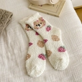 White coral fleece sleeping socks with cute bear and strawberry patterns for winter warmth - One Size / White