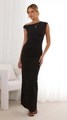 Detail of elegant black sleeveless asymmetric neck maxi dress with side waist ruching - S / Black