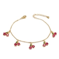 Adjustable gold bracelet with five red cherry charms featuring green leaves and zircons - Red Cherry Style (XL00135)