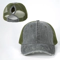 Detail of grey washed cotton ponytail baseball cap with olive mesh and criss-cross straps - Army Green
