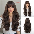 Detail view of long wavy wig LC2088-4 in deep brown with bangs on model and head stand - Dark Brown