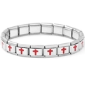 Pulsera elástica modular de acero plateado con cruces rojas sobre fondo blanco neutro - Cruz Roja 18 Eslabones