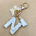 Letter M resin keychain with white stone, gold foil, butterfly, and tassel charm - Letter N