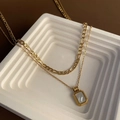 Double-layered 18K gold plated titanium necklace with rectangular mother of pearl pendant - 04-E11 Double Layer Mother of Pearl Necklace Gold