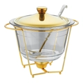 Runder Speisenwärmer aus hitzebeständigem Glas mit goldenem Deckel und Gestell - 4.0L Rund Linien Gold Mit Löffel