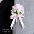 Pink rose boutonniere with baby's breath and rhinestones on grey suit lapel, 7.5x10cm size - Pink