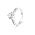 Detail view of heart-shaped clear gemstone and side diamonds on silver ring - US Size 5 / Platinum Color + White Zirconia