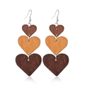 Retro hollow wooden heart drop earrings featuring triple-tier brown layered geometric design - Style 45