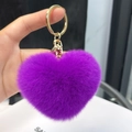 Purple heart-shaped plush keychain in faux rabbit fur with golden metal ring and lobster clasp - Grape Purple
