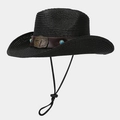 Detail of western straw hat featuring metallic bull head and turquoise beads on leather band - Black