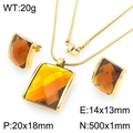 Golden stainless steel jewelry set featuring square amber glass pendants on snake chains - Gold Amber (KS225765-GC)