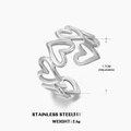 Adjustable silver stainless steel open ring with continuous hollow heart pattern - Row of Hearts Design / Steel