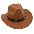 Detail of western cowboy hat featuring black leather band and vintage silver conchos - Woven Band Style / Khaki